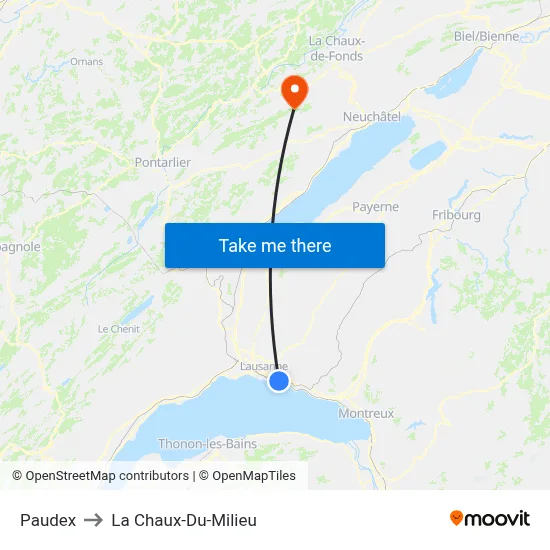 Paudex to La Chaux-Du-Milieu map