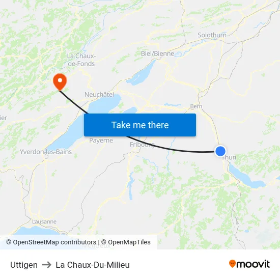 Uttigen to La Chaux-Du-Milieu map