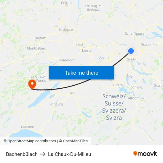 Bachenbülach to La Chaux-Du-Milieu map