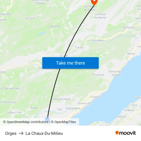 Orges to La Chaux-Du-Milieu map
