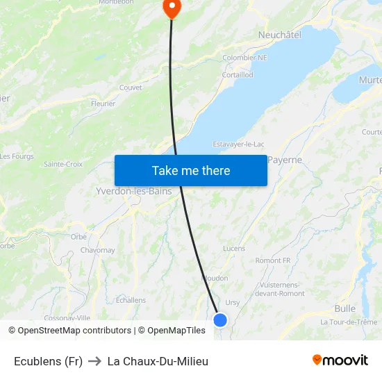 Ecublens (Fr) to La Chaux-Du-Milieu map