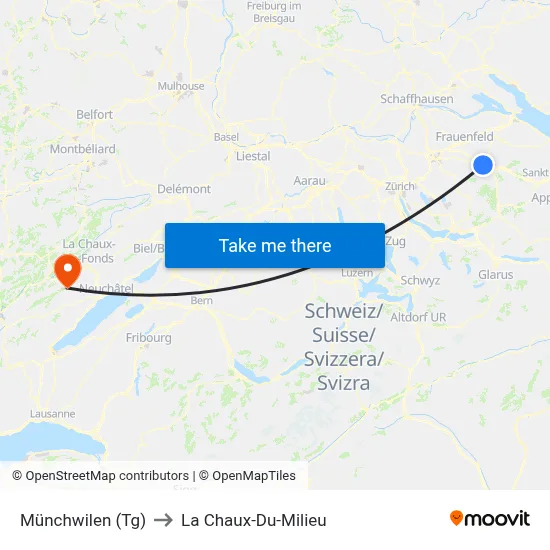 Münchwilen (Tg) to La Chaux-Du-Milieu map