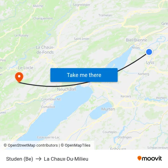Studen (Be) to La Chaux-Du-Milieu map