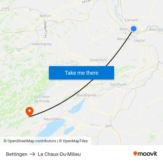 Bettingen to La Chaux-Du-Milieu map