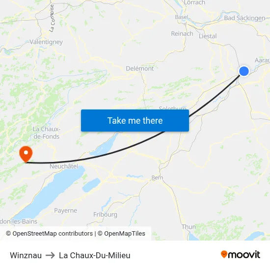Winznau to La Chaux-Du-Milieu map