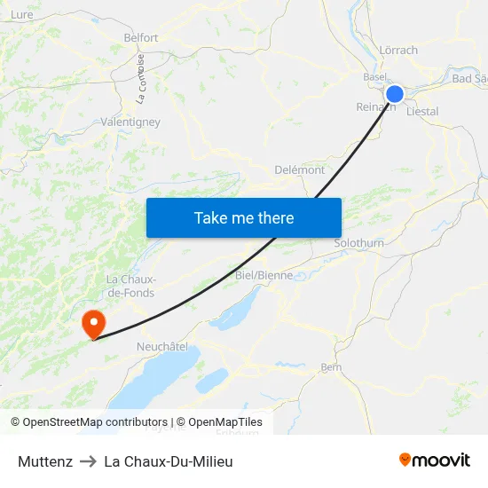 Muttenz to La Chaux-Du-Milieu map