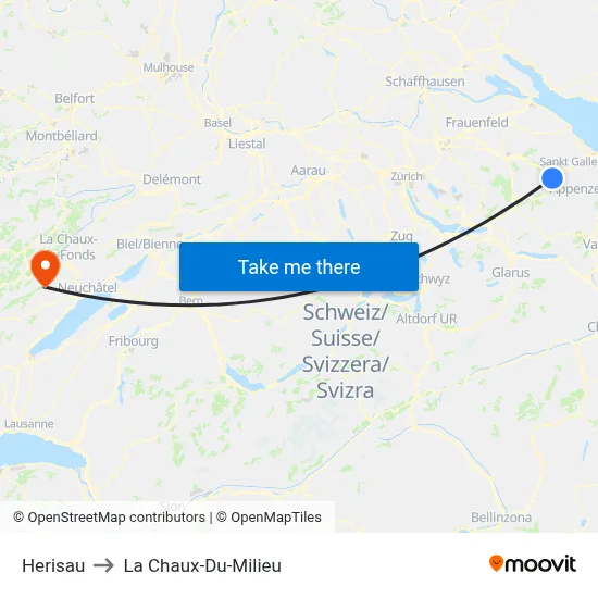 Herisau to La Chaux-Du-Milieu map