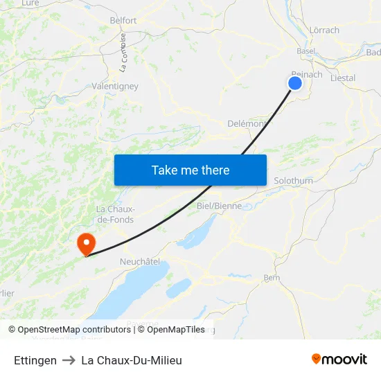 Ettingen to La Chaux-Du-Milieu map
