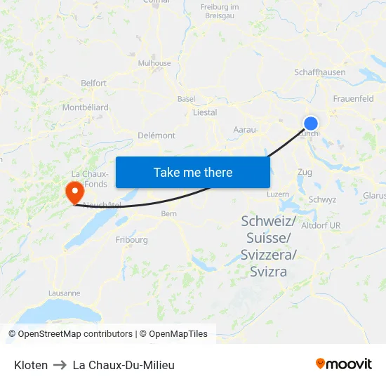 Kloten to La Chaux-Du-Milieu map