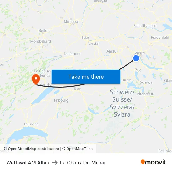 Wettswil AM Albis to La Chaux-Du-Milieu map