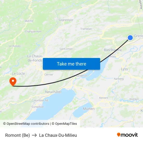 Romont (Be) to La Chaux-Du-Milieu map
