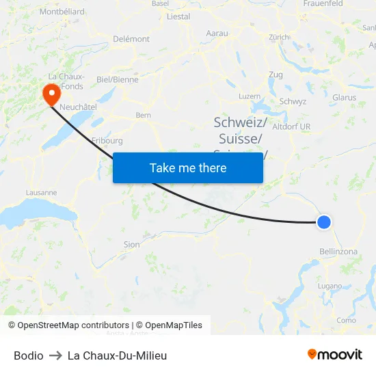 Bodio to La Chaux-Du-Milieu map
