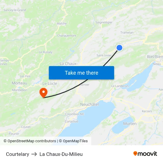 Courtelary to La Chaux-Du-Milieu map