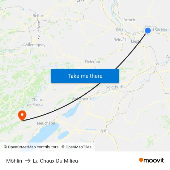 Möhlin to La Chaux-Du-Milieu map
