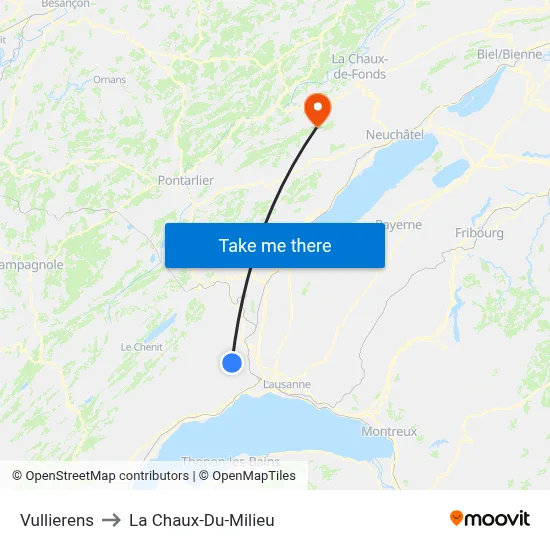 Vullierens to La Chaux-Du-Milieu map