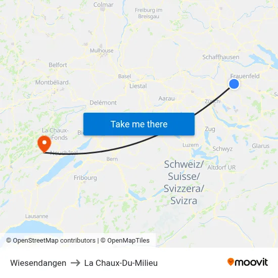 Wiesendangen to La Chaux-Du-Milieu map