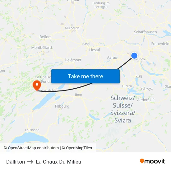 Dällikon to La Chaux-Du-Milieu map