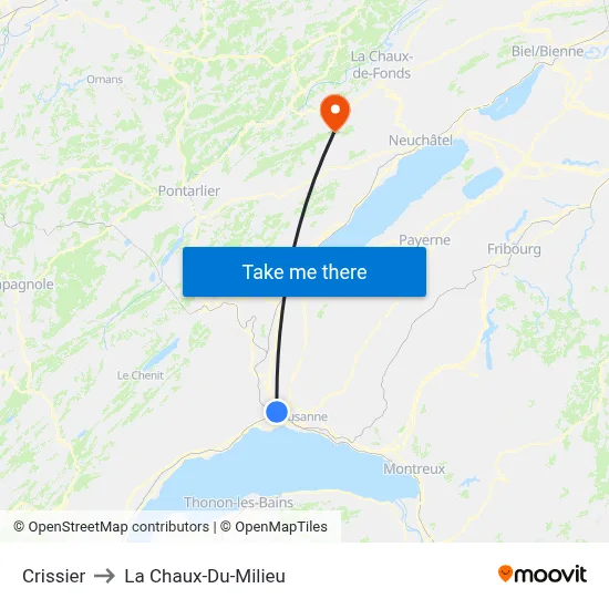 Crissier to La Chaux-Du-Milieu map