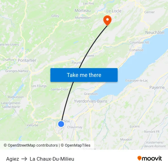 Agiez to La Chaux-Du-Milieu map