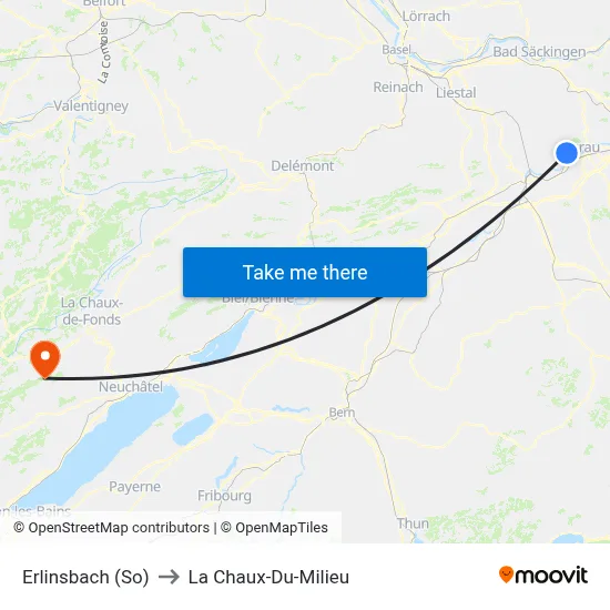 Erlinsbach (So) to La Chaux-Du-Milieu map
