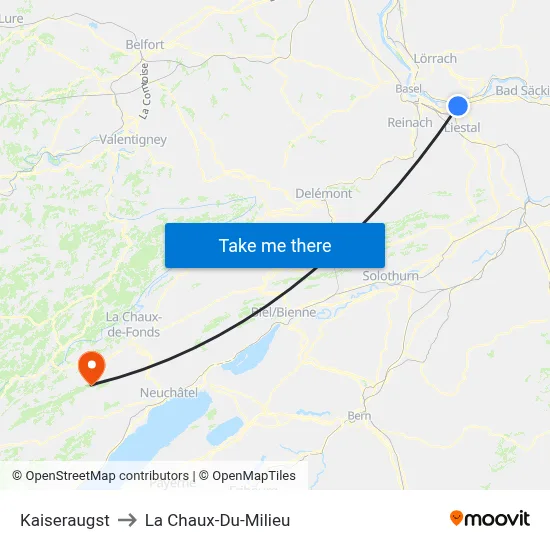 Kaiseraugst to La Chaux-Du-Milieu map