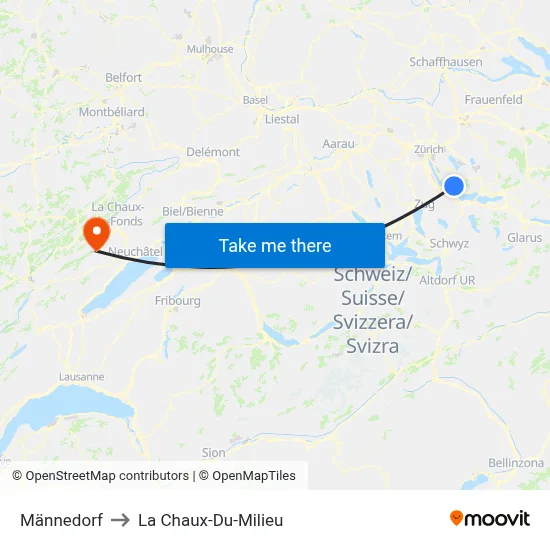 Männedorf to La Chaux-Du-Milieu map
