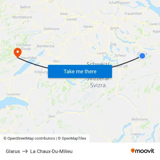 Glarus to La Chaux-Du-Milieu map