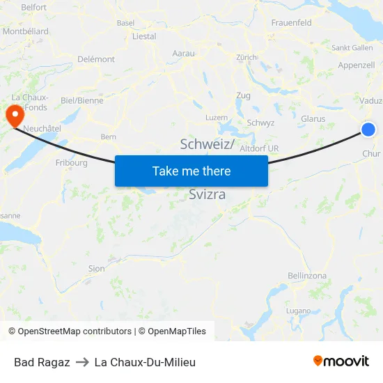 Bad Ragaz to La Chaux-Du-Milieu map