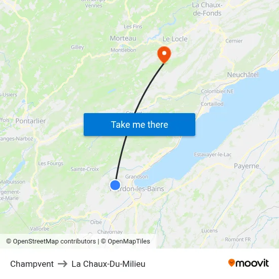 Champvent to La Chaux-Du-Milieu map