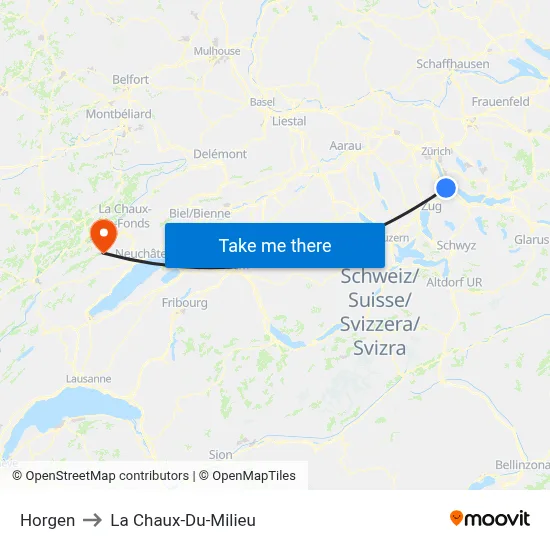 Horgen to La Chaux-Du-Milieu map