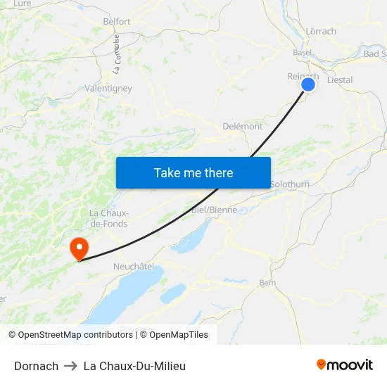 Dornach to La Chaux-Du-Milieu map