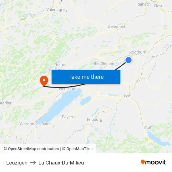 Leuzigen to La Chaux-Du-Milieu map