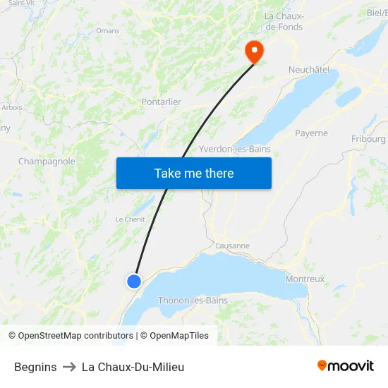 Begnins to La Chaux-Du-Milieu map