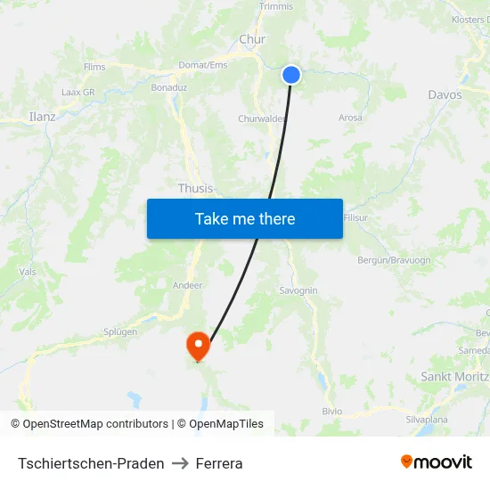 Tschiertschen-Praden to Ferrera map