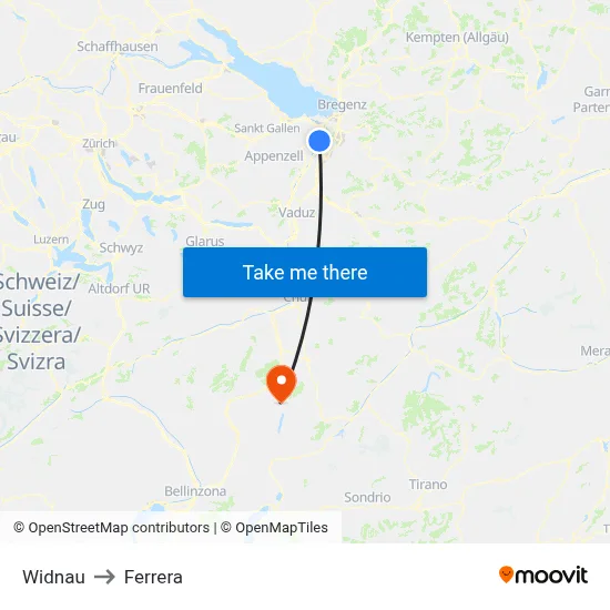 Widnau to Ferrera map