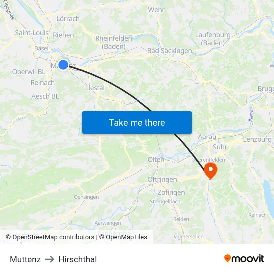 Muttenz to Hirschthal map