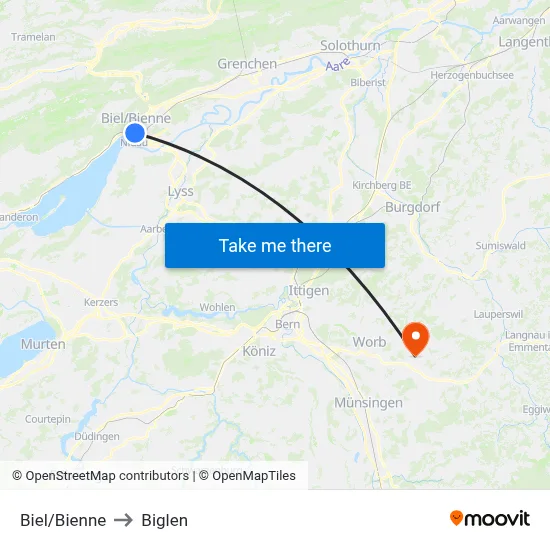 Biel/Bienne to Biglen map