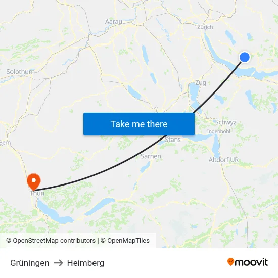 Grüningen to Heimberg map