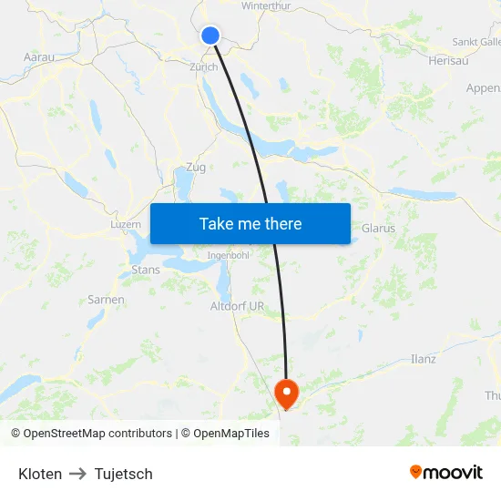 Kloten to Tujetsch map