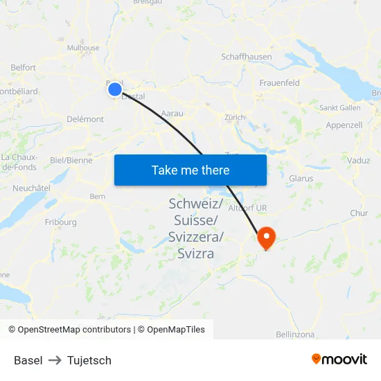 Basel to Tujetsch map