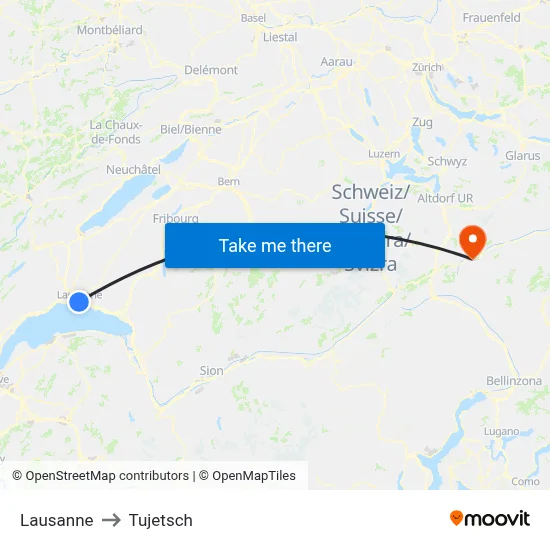 Lausanne to Tujetsch map