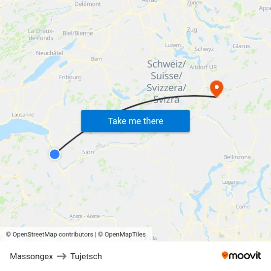 Massongex to Tujetsch map