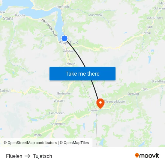 Flüelen to Tujetsch map