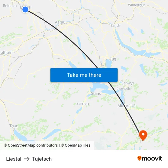 Liestal to Tujetsch map