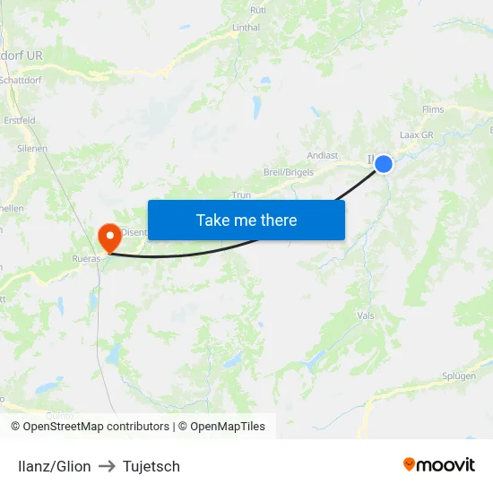 Ilanz/Glion to Tujetsch map