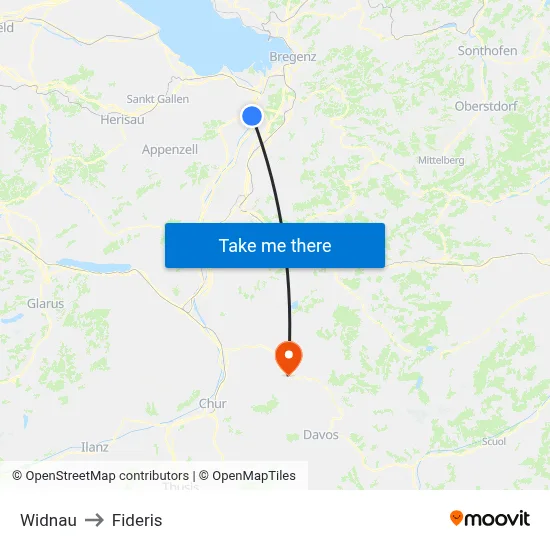 Widnau to Fideris map