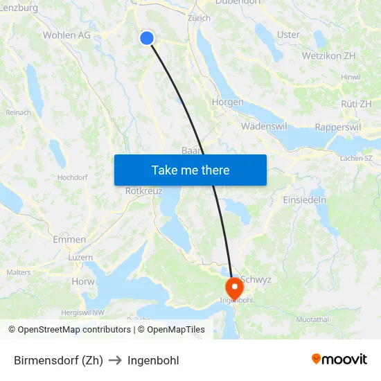 Birmensdorf (Zh) to Ingenbohl map