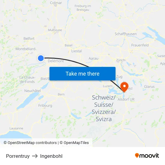 Porrentruy to Ingenbohl map