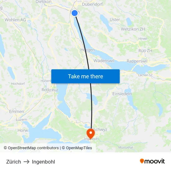 Zürich to Ingenbohl map