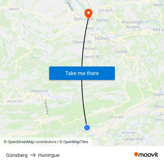 Günsberg to Huningue map